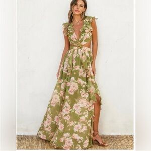 Dress Forum Olive Green and Pink Floral Maxi Dress